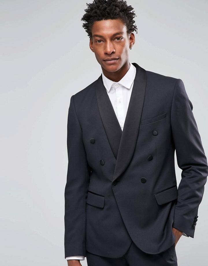 Asos Slim Double Breasted Suit Jacket - Navy