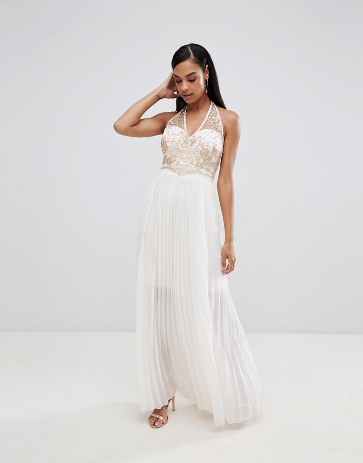 Lipsy Pleated Maxi Dress With Embellished Detail-cream