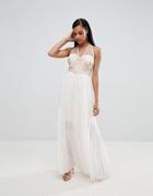 Lipsy Pleated Maxi Dress With Embellished Detail-cream