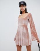 Asos Design Mini Velvet Skater Dress With Bust Seaming - Pink