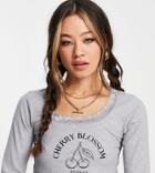 Reclaimed Vintage Inspired Long Sleeve Top With Lace Trim And Cherry Print In Gray-grey