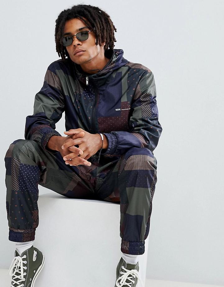 Wood Wood Emmett Quilt Patch Print Track Jacket - Navy