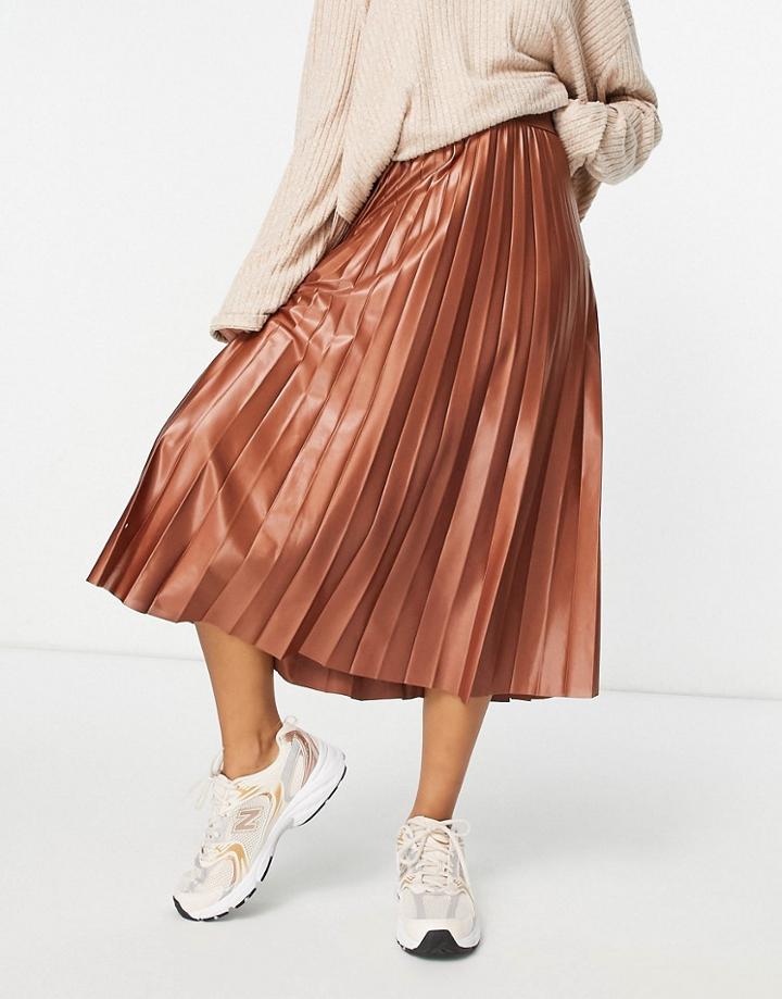 Vila Pleated Midi Skirt In Brown