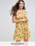 Asos Curve Shirred Off Shoulder Sundress In Ditsy Floral Print - Multi