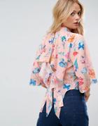 Asos Pink Floral Top With Open Back & Tie Detail - Multi