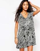 Asos Button Through Swing Dress In Patched Tile Print - Multi