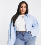 Asos Design Curve Oversized Linen Shirt With Dip Hem In Blue