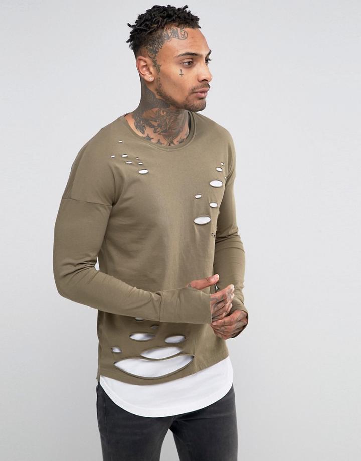 Black Kaviar Layered Longline Long Sleeve T-shirt With Distressing - Green