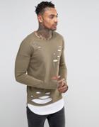 Black Kaviar Layered Longline Long Sleeve T-shirt With Distressing - Green