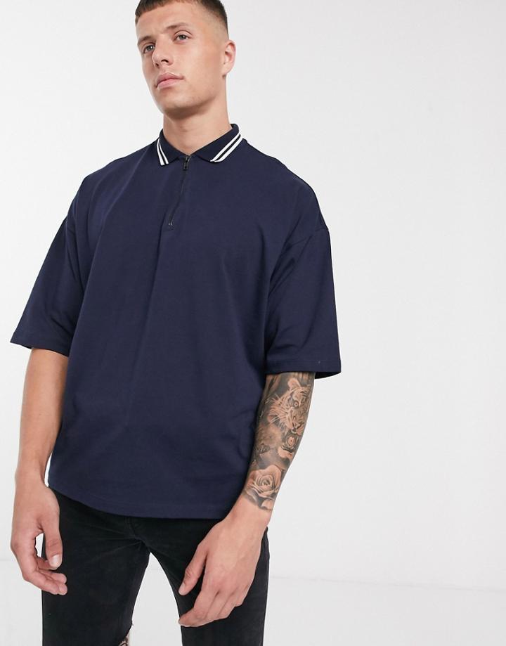 Asos Design Oversized Polo Shirt With Half Sleeve And Zip Neck And Tipping In Navy - Navy