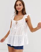 Asos Design Broderie Smock Top With Tassel Tie-white