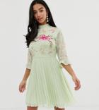 Asos Design Petite Embroidered Pleated Mini Dress With Fluted Sleeve - Green