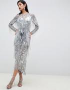 Asos Edition Sequin & Fringe Cut Out Midi Dress - Silver