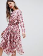 River Island Midi Dress With Knot Front Detail In Plaid Check-pink