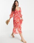 Miss Selfridge Tie Front Chiffon Midaxi Dress In Hand Painted Floral-red