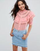 Asos Short Sleeved Blouse With Ruffle And Lace Insert - Pink