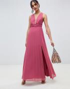 Asos Design Maxi Dress In Pleat With Tape Detail - Pink