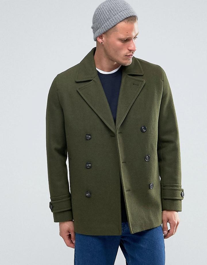 Asos Wool Mix Peacoat In Khaki - Green