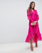 Asos Deconstructed Lace Midi Dress With Frill Insert - Pink