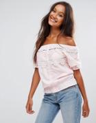 Qed London Lace Detail Button Bardot Top - Pink