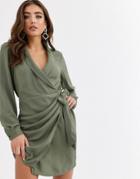 Asos Design Collared Wrap Mini Dress-green