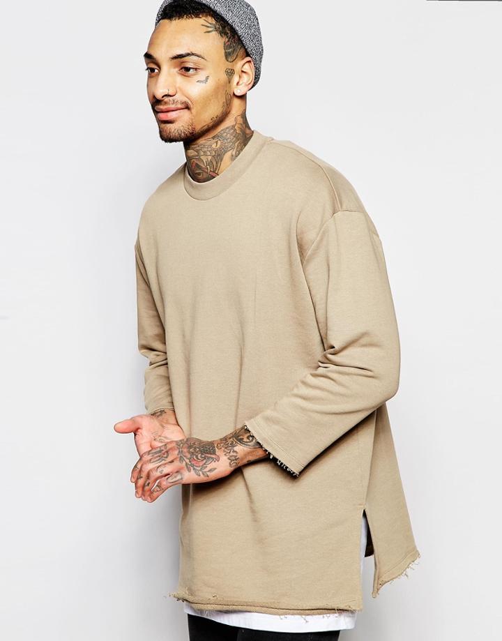 Asos Longline Oversized Sweatshirt With Half Sleeves In Beige - Silver Mink
