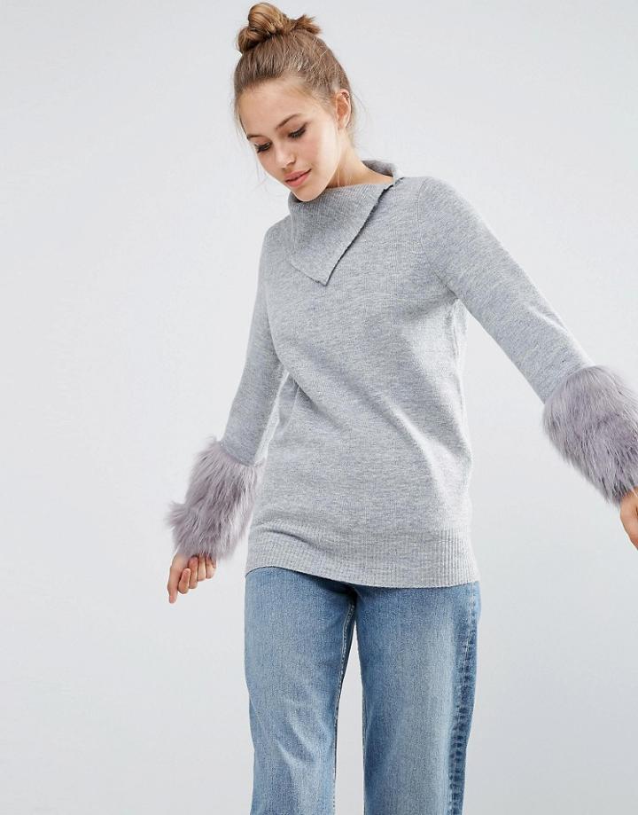 Asos Sweater With Fur Sleeve - Gray