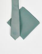 Asos Design Recycled Slim Satin Tie And Pocket Square In Dark Sage-green