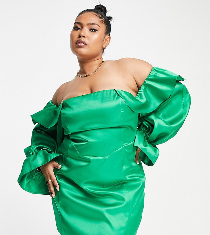Asos Luxe Curve Satin Bardot Body-conscious Dress With Puff Sleeves In Bright Green