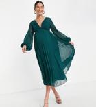 Asos Design Maternity Textured Twist Front Pleated Midi Dress In Forest Green