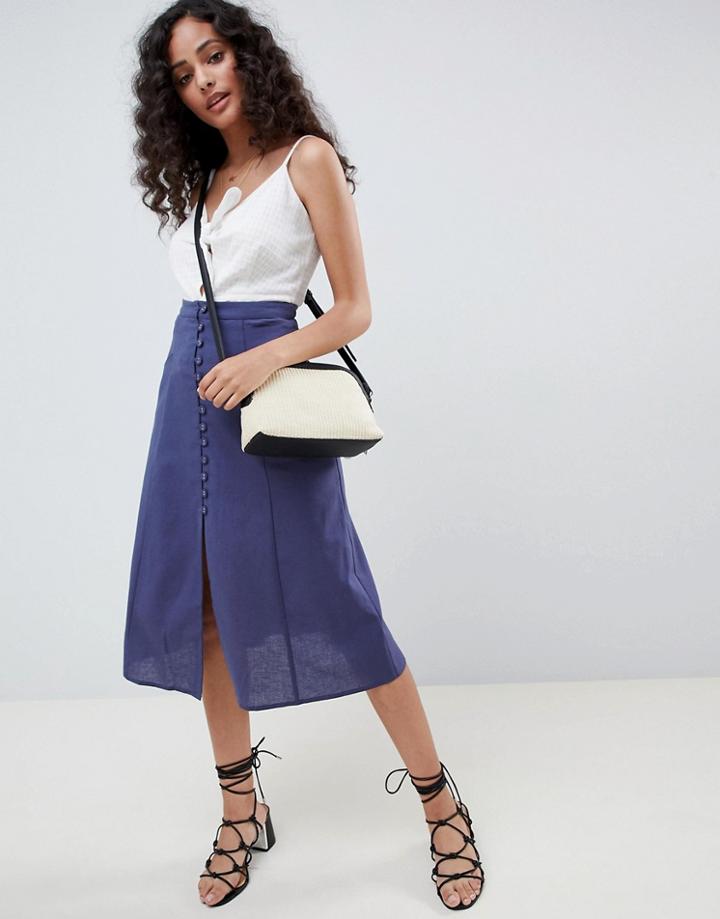 Asos Design Full Midi Skirt With Button Front - Navy