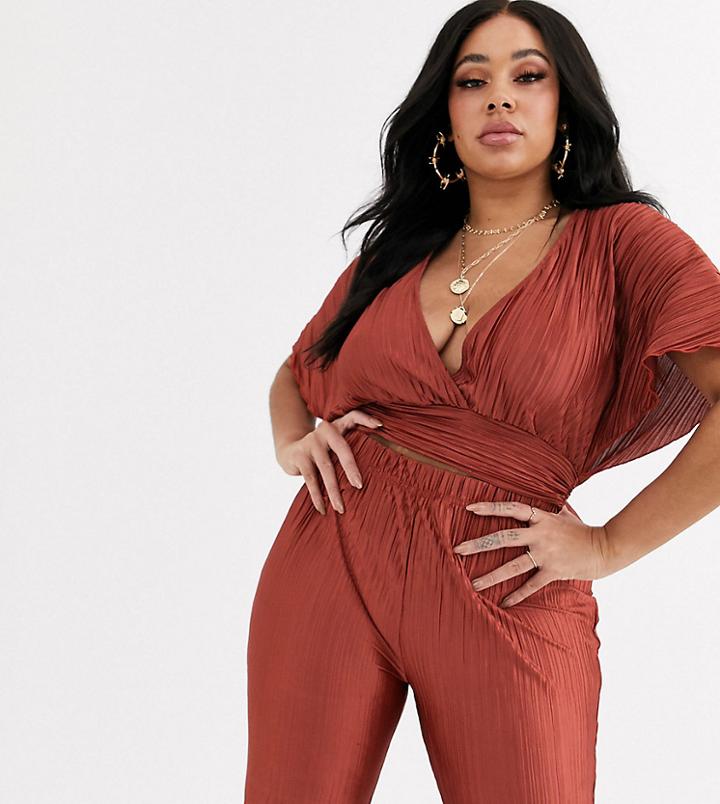 Koco & K Plus Plisse Flutter Sleeve Top In Rust-brown