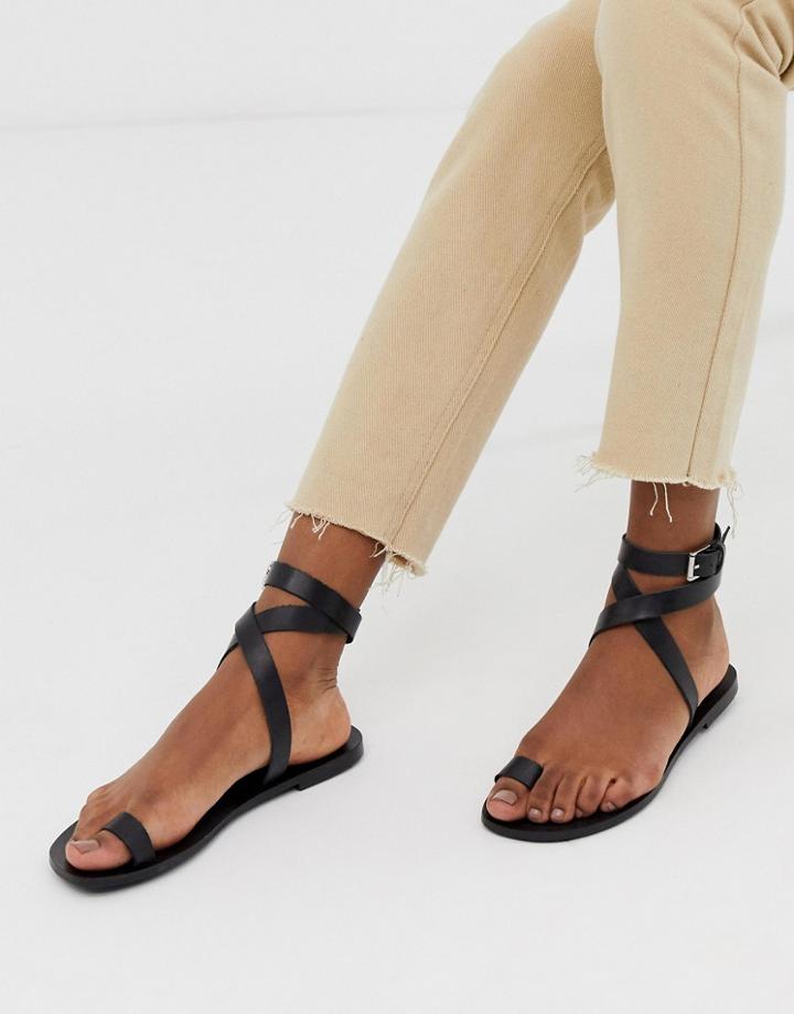 Asos Design Finer Leather Toe Loop Minimal Flat Sandals - Black