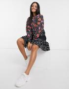 Asos Design Tiered Mini Smock Dress In Mixed Floral And Polkadot Print-multi