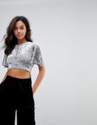 New Look Velvet Split Front Crop Top - Gray