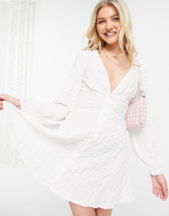 Asos Design Textured Button Up Waisted Skater Mini Dress In White