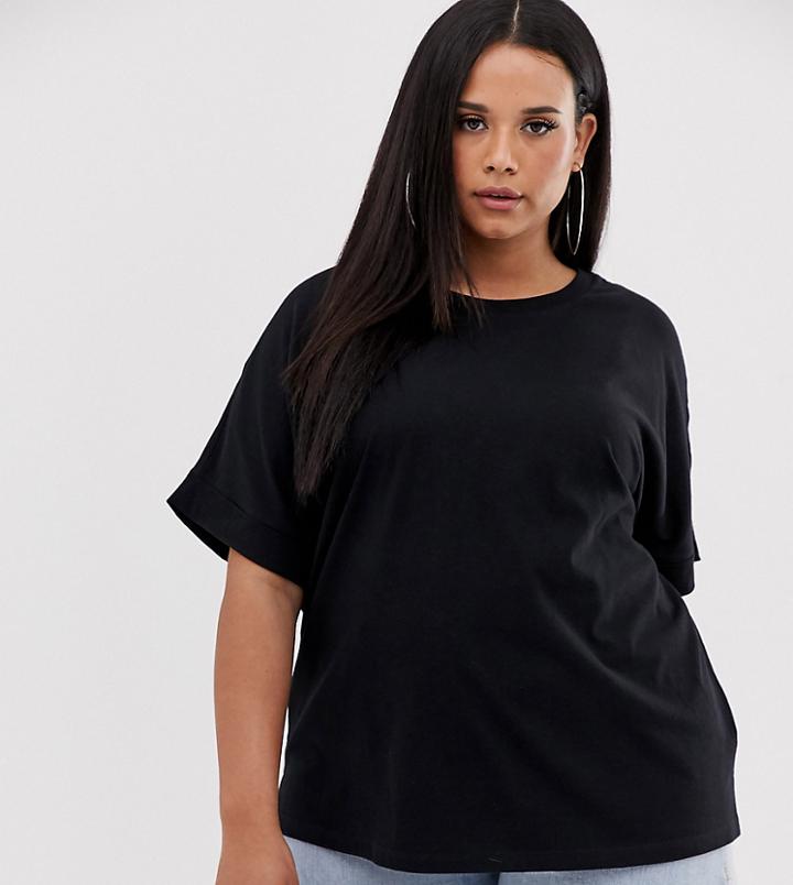 Asos Design Curve Oversized Boyfriend T-shirt With Roll Sleeve In Black - Black