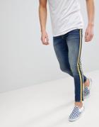 Asos Super Skinny Jeans In Mid Wash With Yellow Side Stripes - Blue