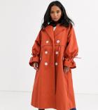 Asos Design Petite Luxe Contrast Button Trench In Rust