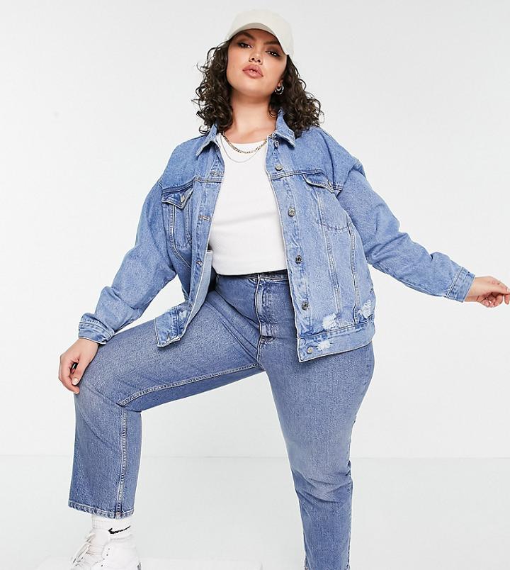 Missguided Plus Oversized Denim Jacket With Rips In Blue-blues