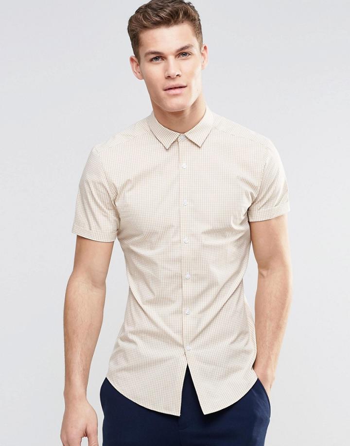 Asos Skinny Shirt In Camel Gingham Check - Tan