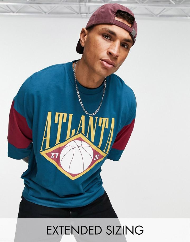 Asos Design Oversized T-shirt In Blue Color Block With Atlanta Print