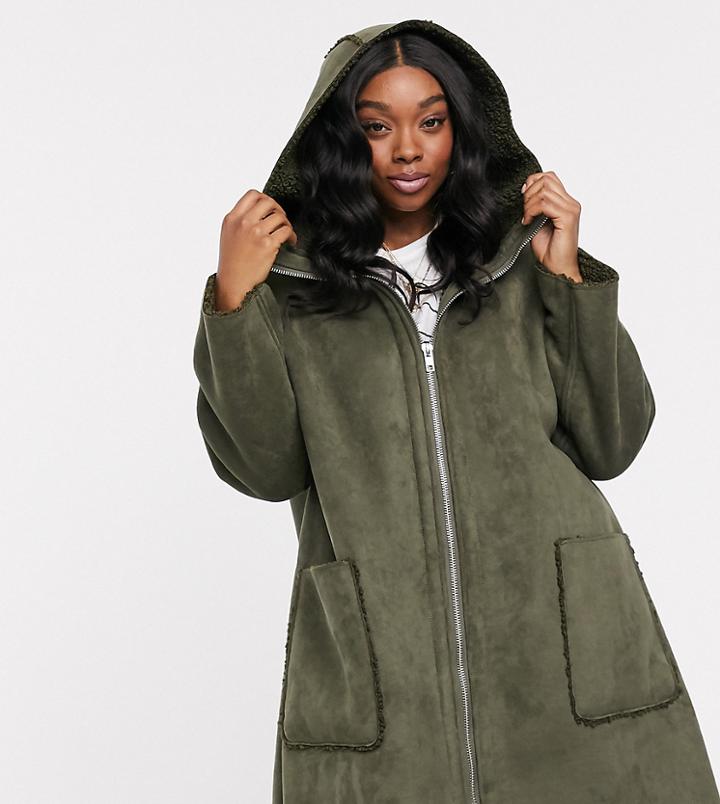 Asos Design Curve Shearling Parka With Seam Detail In Khaki