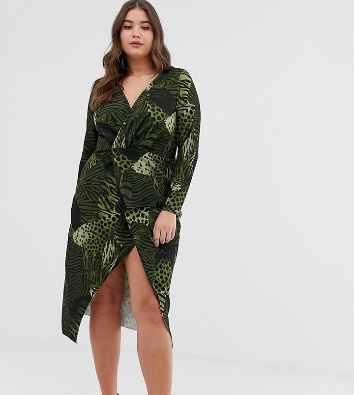 Asos Design Curve Long Sleeve Textured Wrap Midi Dress In Animal-multi