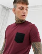 Asos Design T-shirt With Contrast Pocket In Burgundy
