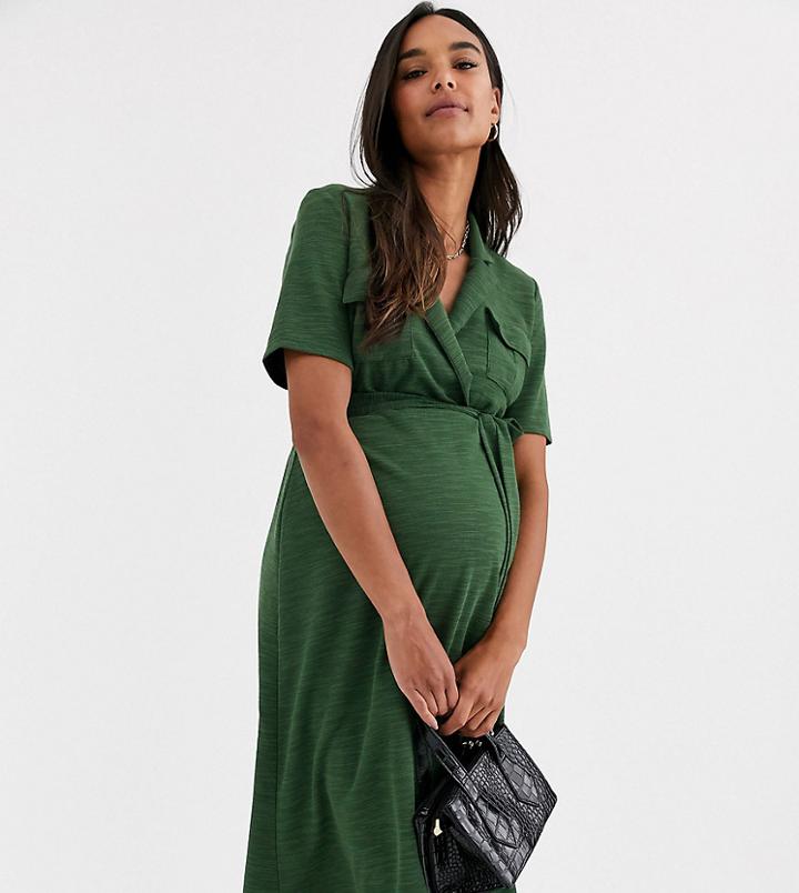 Asos Design Maternity Midi Belted Shirt Dress In Slub-yellow