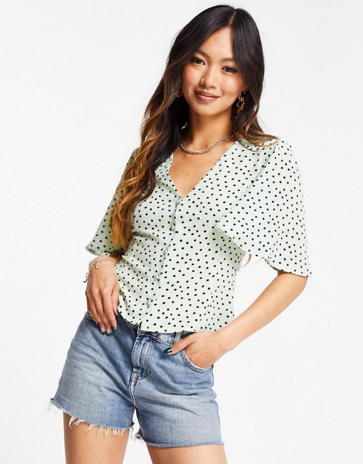 Asos Design Short Sleeve Tea Blouse In Mint Spot-multi