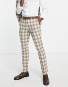 Topman Check Slim Suit Pants In Tan-brown