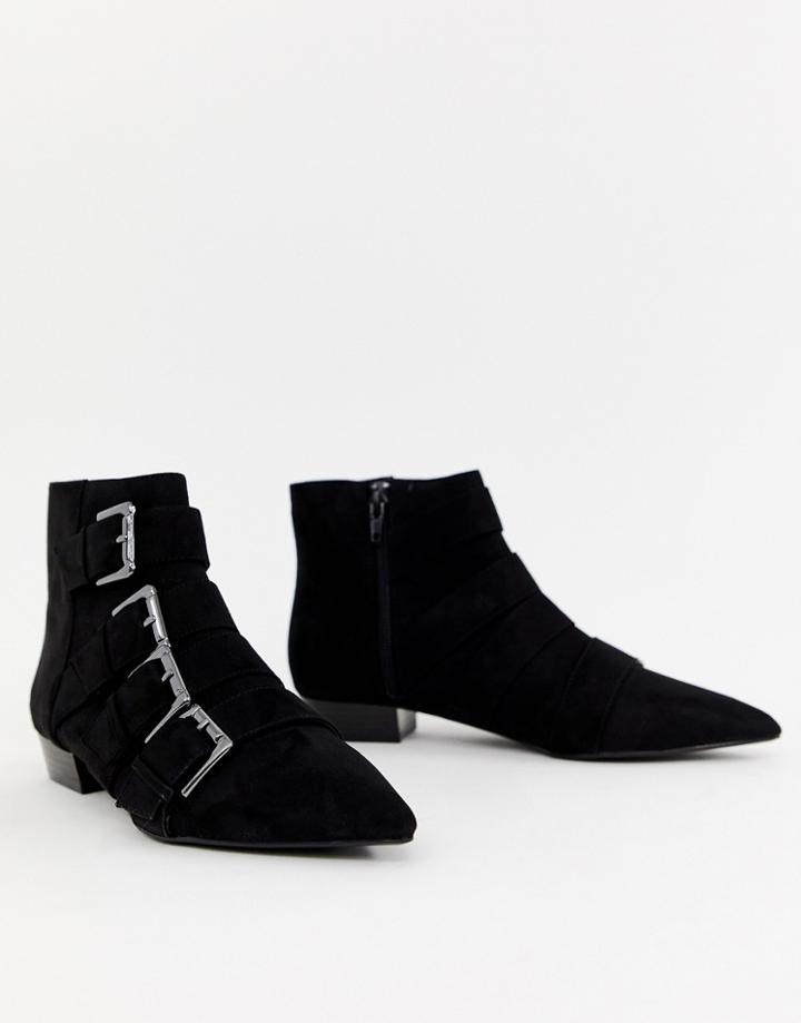 Buckle Detail Flat Boot In Black - Black