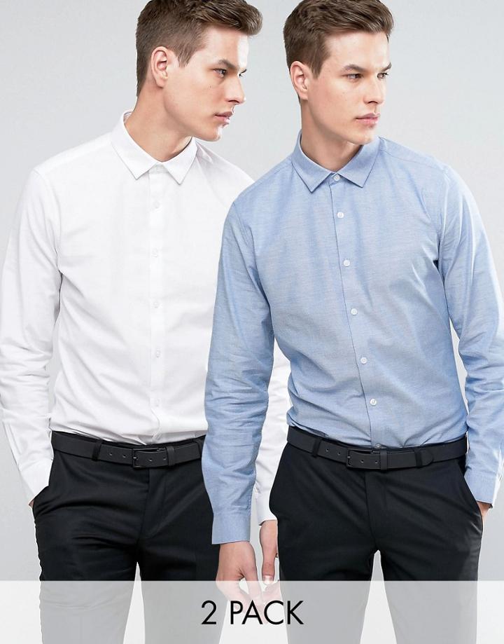 Asos Casual Slim Oxford Shirt With Stretch 2 Pack In White And Blue Save - Multi